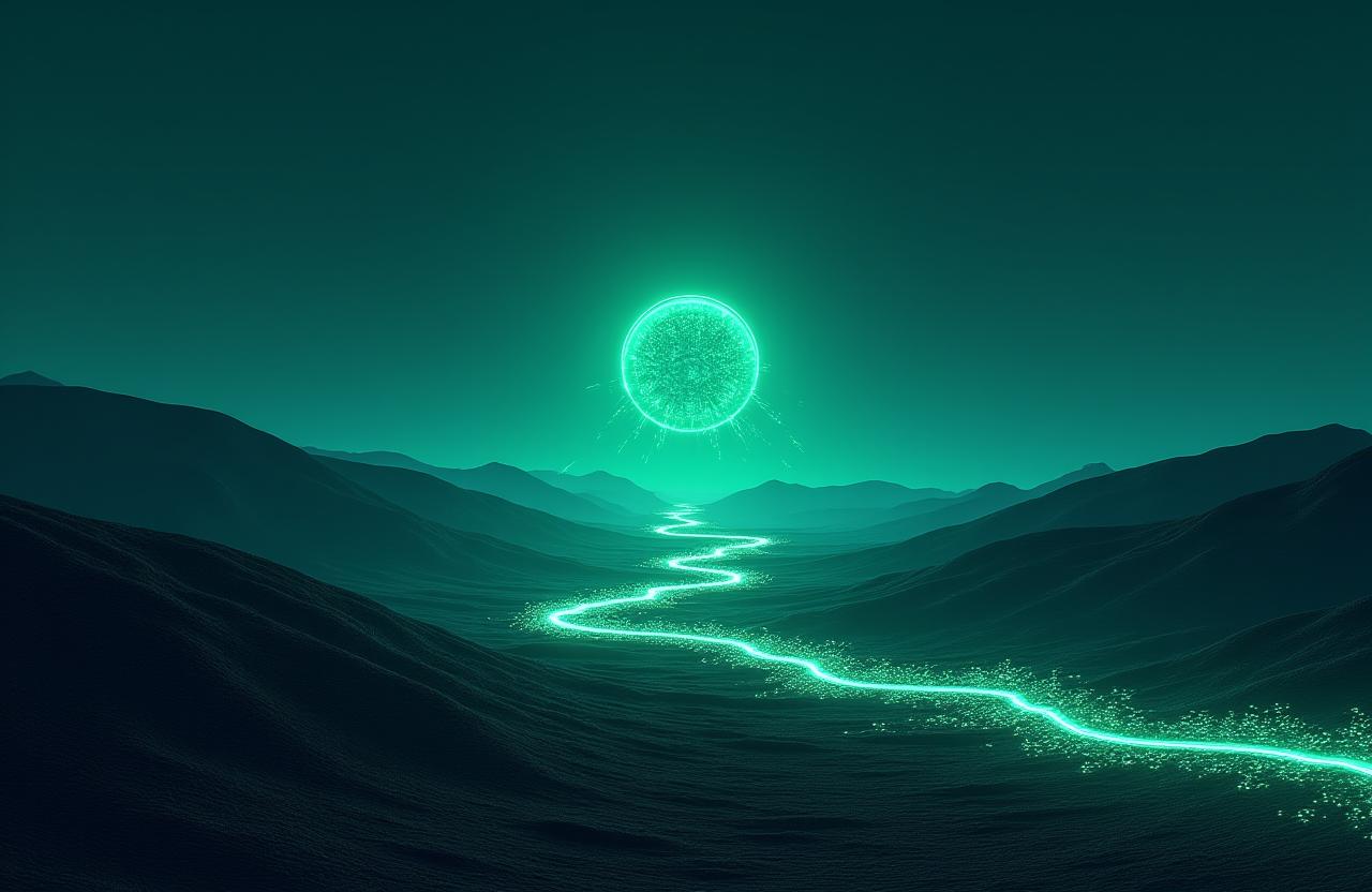 Stylized digital desert landscape with data streams